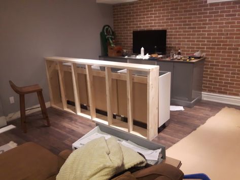 Transforming kitchen cabinets to a rustic bar 7 Basement Bar Wall Cabinets, Bar With Stock Cabinets, Bar From Kitchen Cabinets, Basement Bar Stock Cabinets, Diy Bar Using Kitchen Cabinets, Bar Made From Ikea Cabinets, Bar From Cabinets, Building A Bar With Cabinets, Basement Bar Diy How To Build