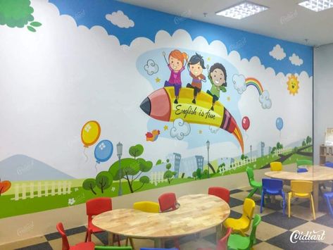 School Wall Art Ideas Classroom, Classroom Walls Paint, School Wall Art Ideas, School Wall Decoration, Playroom Mural, Nursery Wall Painting, Kids Nursery Art, Daycare Decor, Daycare Design