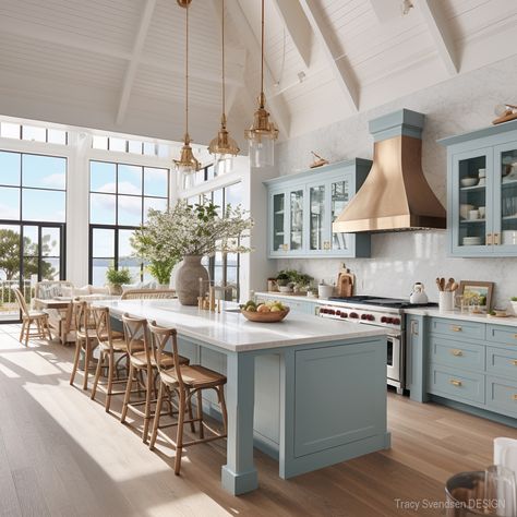 Blue Kitchen Cabinet Ideas, Blue Kitchen Cabinet, Blue Kitchen Island, Hamptons Kitchen, Coastal Kitchen Design, Styl Hampton, Coastal Kitchen Decor, Lake House Kitchen, Kitchen Cabinet Ideas