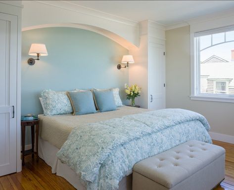 Bedroom Paint Color Ideas. The Paint Color in this Bedroom is Benjamin Moore Palladian Blue HC-144 in eggshell. #PaintColor #Bedroom #BenjaminMoore #PalladianBlue #HC144 Palladian Blue Bedrooms, Bedroom Storage Ideas, Palladian Blue, Coastal Style Decorating, Sconces Living Room, Murphy Bed Plans, Rustic Bedroom Decor, Modern Masters, Themed Room