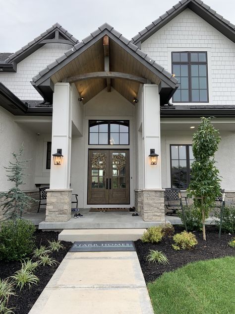 Board And Batten House Exterior With Stone, Gray Limestone House Exterior, Cream Rock House Exterior, Partial Stone House Exterior, Cottage Portico, Neutral House Colors Exterior, Stone Entryway, White Exterior Houses, Exterior House Remodel