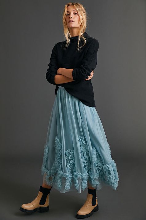 Tulle Skirt Outfit Winter, Anthropologie Tulle Skirt, Tulle Skirt Outfit, Ruffle Skirt Outfit, Tulle Skirts Outfit, Women's Winter Outfits, Tiered Tulle Skirt, Winter Skirt Outfit, Tulle Midi Skirt