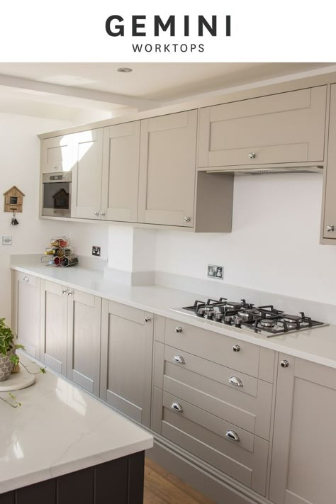 Neutral shaker style kitchen units with white quartz worktops. Kitchen design inspiration. Alcove Ideas Living Room, Become More Flexible, Shaker Style Kitchen, Shaker Kitchen Cabinets, Shaker Style Kitchens, Muted Colours, Colour Inspiration, Shaker Kitchen, Shake It