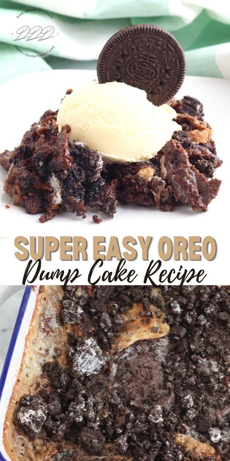 Easiest Oreo Dump Cake Recipe | DINE DREAM DISCOVER Oreo Cookie Desserts, Potluck Cake, Oreo Dump Cake, Dump Desserts, Delicious Desserts Recipes, Dump Cake Recipes Chocolate, Vegetarian Chocolate Cake, Chocolate Goodies, Easy Dump Cake Recipe