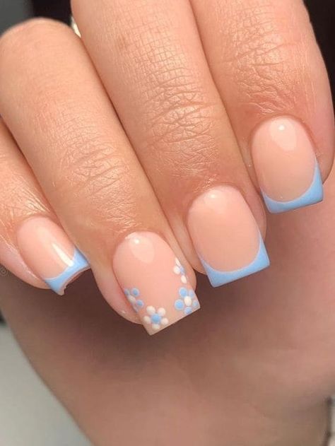 Korean light blue nails: tiny florals Nail Ideas Acrylic 11-12, May Square Nails, Cute Nails For 10-12 Short, Going Back To School Nails, Nail For 11 Year, Nine Year Old Nails, Middle School Graduation Nails, Nail Designs For 10 Year, Light Pink Nail Inspo Acrylic