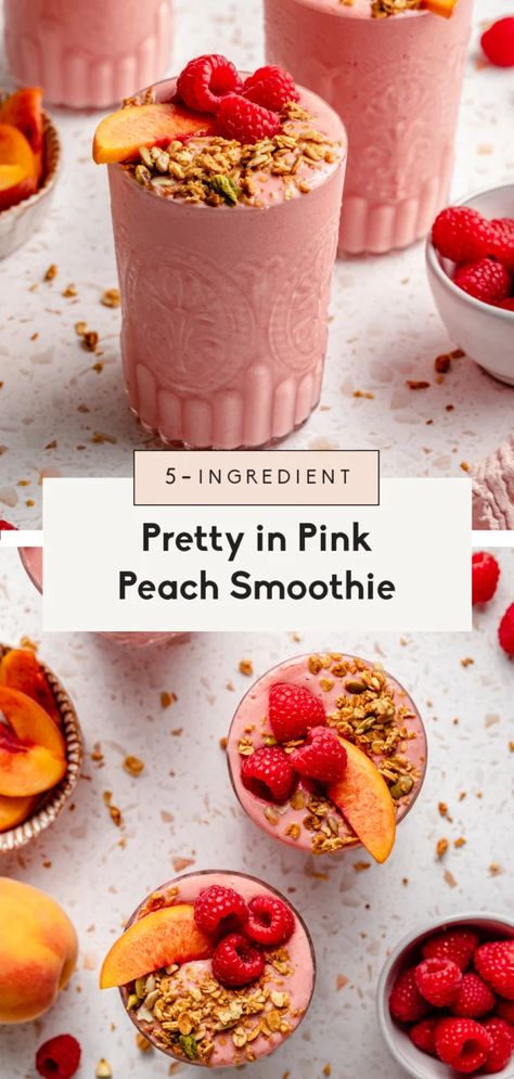 Creamy and delicious peach smoothie made with 5 simple ingredients for a refreshing, filling breakfast or snack! This easy peach smoothie recipe gets a boost of protein from greek yogurt and has the perfect amount of sweetness from ripe peaches and berries. Enjoy as is or add your fav nutritional boosters! #smoothie #peaches #peachsmoothie #healthybreakfast #healthysnack Peach Smoothie Recipes, Peach Smoothie, Sweet Smoothies, Turmeric Smoothie, Cherry Smoothie, Ambitious Kitchen, Dairy Free Yogurt, Best Smoothie Recipes, Raspberry Smoothie