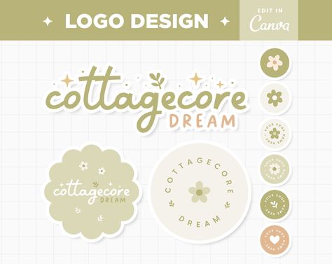 Cottagecore aesthetic logo design in sage green for boutique shop. Customize colors and Etsy Shop Logo Design, Cottagecore Fonts Canva, Cute Business Logo Ideas, Etsy Shop Design, Cottagecore Branding Design, Laundry Branding Design, Cottagecore Logo Design, Cottagecore Font, Nature Inspired Branding