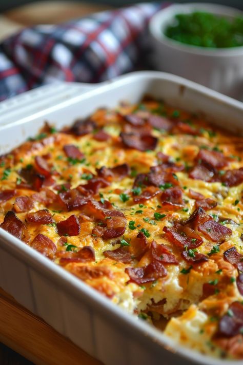 Looking for a delicious breakfast idea? Try this mouthwatering bacon breakfast casserole recipe that the whole family will love. It's easy to make and perfect for special mornings or holidays. Packed with savory flavors, this casserole is sure to become a favorite in your home. Get ready to impress your guests with this scrumptious dish! Why settle for plain old breakfast when you can enjoy the savory goodness of bacon combined with cheesy, fluffy eggs baked to perfection? Eggs Bacon Cheese Casserole, Cheesy Baked Eggs For One, Farmhouse Casserole Recipe, Breakfast Casseroles Recipes, Brunch Ideas With Bacon, Breakfast For Dinner Casserole, Twice Baked Breakfast Potatoes, Breakfast Casserole Savory, Bacon Egg Bake Recipes