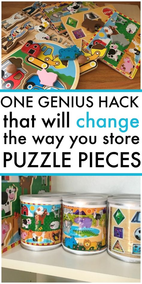 best mom hack for puzzles - how did I not think of this?! Store Puzzles, Puzzle Organization, Toy Room Organization, Puzzle Storage, Lego Kits, Organizing Hacks, Organisation Hacks, Puzzles For Toddlers, Playroom Organization