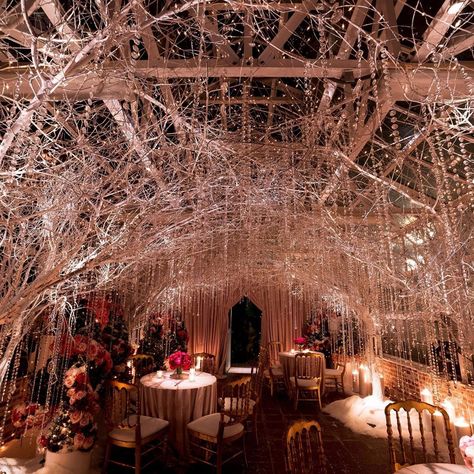 Mindy Weiss’s Instagram photo: “The Greenhouse filled with white branches dripping with Christmas crystals and flowers that reminded us of @jerrodblandino and @cdmnyc…” Magical Greenhouse, Christmas Crystals, Crystals And Flowers, Mindy Weiss, White Branches, The Greenhouse, Eiffel Tower Inside, Wedding Hair, Event Design