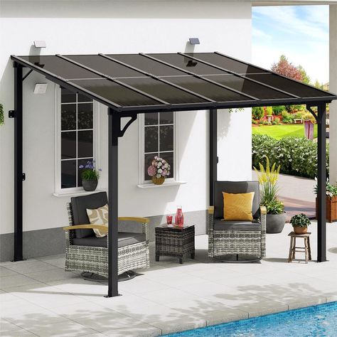 PRICES MAY VARY. 【EXTRA SOLAR LIGHTS & STURDY FRAME】The wall-mounted gazebo features durable powder-coated aluminum for strong support and resistance to fading, rust, and corrosion. Pergola with pre-drilled feet and ground stakes for added stability, awnings for patio ensures secure and reliable use. The included solar light enhances ambiance and illumination for enjoyable outdoor evenings. 【MAXIMIZE YOUR SPACE】 Our lean-to gazebo's solid roof design maximizes pergola space for a sheltered, func Front Yard Pergola, Patio Covers Attached To House, Metal Awnings, Wall Mounted Pergola, Sloped Roof, Metal Awning, Outdoor Evening, Pergola Attached To House, Gazebo Pergola