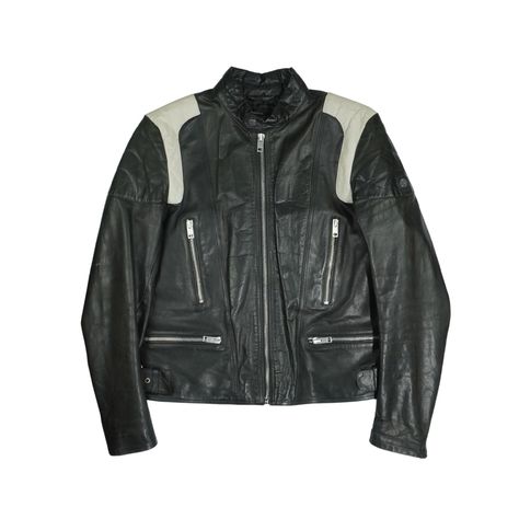 Diesel moto jacket in black leather with white patches on the shoulders, a front-zip opening in silver hardware, zip pockets, and zip openings on the sleeves. Brand = Diesel Size = Extra large Condition = 8/10, Very good. A few scuffs in leather, some scratching in metal hardware. Includes tags. Material = Leather Hardware = Silver SKU = 13400-79 Diesel Jacket Woman, Diesel Leather Jacket, Designer Leather Single-breasted Outerwear, Diesel Jacket, Black Single-breasted Leather Jacket For Streetwear, White Patches, Leather Moto, Leather Moto Jacket, Moto Jacket