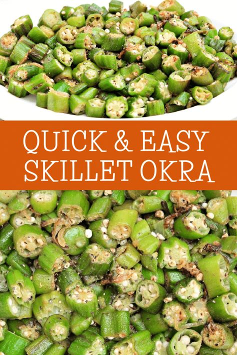 Skillet Okra ~ Easy recipe for fresh or frozen okra! Few ingredients and minimal prep time - this simple dish is ready in minutes! Recipes For Frozen Okra, Best Way To Cook Fresh Okra, Cooking Fresh Okra, How To Prepare Fresh Okra, How To Cook Okra Without Slime, Cast Iron Skillet Fried Okra, How To Cook Fresh Okra From The Garden, Okra Stir Fry, Okra Recipes Frozen