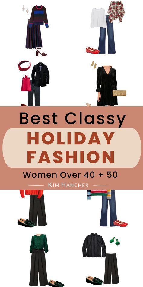 Learn how to create holiday outfits for women over 50 so you can look and feel the best this season. From using jeans as the base of the outfit to full blown holiday outfits using dresses and suits, learn how to find simple ways to create chic, casual and sophisticated holiday looks! Casual Winter Party Outfits For Women, Holiday Work Lunch Outfit, Holiday Outfits With Jeans, Minimalist Holiday Outfit, Womens Holiday Outfits 2023, Holiday Business Casual Outfits, Holiday Attire For Women Classy, Holiday Outfits Christmas Party 2023, Casual Holiday Outfits 2023