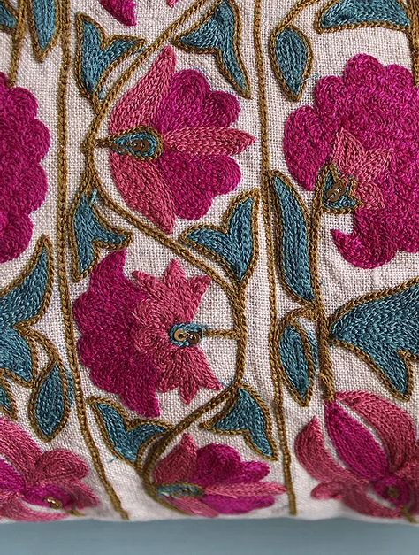 Buy Suzani Inspired Pink-Multicolor Embroidered Linen Cushion Cover (16in x 16in) Online at Jaypore.com Peruvian Embroidery, Kashida Embroidery, Embroidery Cushion, Kutch Work Designs, Cushion Embroidery, Cushion Covers Online, Bee Embroidery, Diy Jar Crafts, Hand Work Embroidery