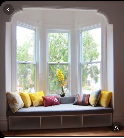 Bay Window day bed DIY | Bunnings Workshop community French Window Sitting Ideas, Window Seat Bump Out, Large Bay Window Seat, Benches Under Windows, Bay Window Wall Ideas, Bay Window Book Nook, Window Seating Storage, Window Bench Seating, Bay Window Bench Seat