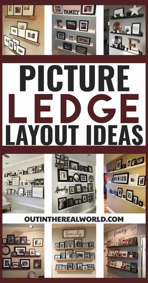 Photo ledge layout ideas with photo displays on wall shelves - great ideas for a family picture wall. Photo Gallery Shelves, Grandbaby Picture Wall, Floating Shelves Family Pictures, Shelves For Frames, Picture Shelving Ideas, Staggered Picture Shelves, Family Photo Wall With Shelves, Photos On Shelf Display, Displaying Sports Pictures