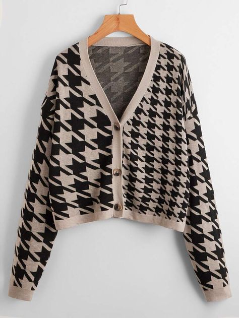 Cardigan Beige, Black Houndstooth, Button Front Cardigan, Style Inspiration Fall, Beige Cardigan, Cardigan Long, Houndstooth Pattern, Fashion Hacks Clothes, Jacquard Knit