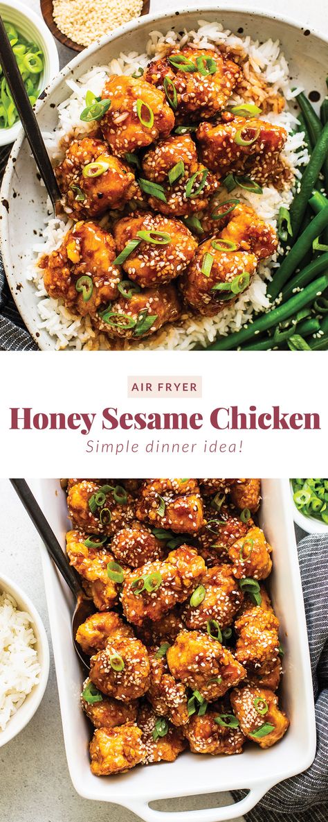 This saucy, delicious air fryer honey sesame chicken is ready in 30 minute and tastes deep-fried, but it's actually made in the air fryer! Air Fried Honey Chicken, Chicken And Rice Recipes Air Fryer, Dinner Recipe Air Fryer, Air Fried Sesame Chicken, Chicken Air Fried Recipes, Airfryer Honey Chicken, Air Fryer Asian Chicken Bites, Honey Sesame Chicken Healthy, Air Fryer Honey Sesame Chicken