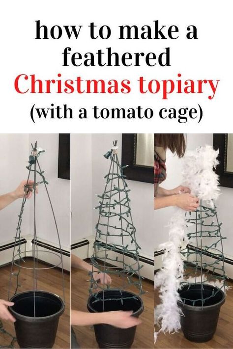 Tomato Cage Crafts Christmas, Tomato Basket Christmas Tree, Christmas Topiaries, Tomato Cage Christmas, Fall Topiaries, Holiday Lights Outdoor, Tomato Cage Christmas Tree, Topiary Diy, Christmas Topiary