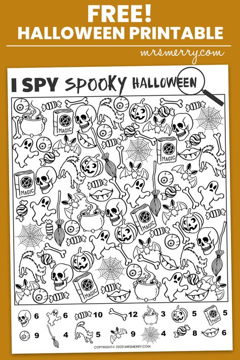 Happy Halloween from Mrs. Merry! Practice counting and observation skills with our Spooky I Spy Halloween printable. A free fun Halloween activity for kids of all ages. A great kindergarten worksheet. #freekidsactivities #freehalloweencraftsforkids #freehalloweenprintables #ispy #hiddenpictures #seekandfind #halloweenworksheets #freeteacherworksheets #practicecounting Halloween Activities For Afterschoolers, Halloween Math Printables Free, Halloween Activities School Age, Halloween Activities For School Age Kids, Free Printable Halloween Worksheets, Halloween Seek And Find Printable, School Age Halloween Activities, Ispy Worksheet For Kids, I Spy Halloween Printables For Kids Free