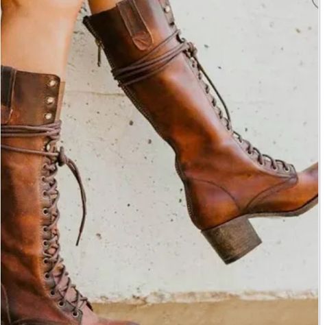 Tall Leather Granny Boots With Slouch Laces And Zip Back. Brown Leather - Never Work. Freebird. Khaki Heels, Thick Heel Boots, Lace Up Boots Women, Popular Boots, Smink Inspiration, Estilo Country, Boots Cowboy, Rounded Toe Boots, Block Heel Boots