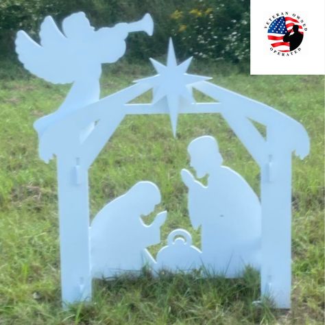 Outdoor Nativity Set Weatherproof PVC Plastic Made to order in our US Veteran-owned store.Ships with UPS Ground within 2-3 days Beautiful outdoor Nativity Set precision cut on CNC Router machine.Sturdy, weatherproof 1/2" thick PVC plastic built to last many seasons.This is the perfect outdoor material, no warping, rotting, peeling, yellowing .Add a spotlight at night for a truly stunning visual experienceSet includes:Manger with star 43" H x 46" WJoseph 25" TallMary 17" TallAngel 22" Tall Super easy to set up!Manger with Holy Family, Angel and Star simply slots together, no hardware needed. PVC is very easy to clean if needed.We recommend using a damp Mr. Clean eraser.If you are looking for this set in a different size, please message us. Jesus Christmas Decorations, Outdoor Nativity Sets, Jesus Decor, Outdoor Nativity Scene, Outdoor Nativity, Jesus Christmas, Outdoor Deco, Lawn Art, Christmas Yard Decorations