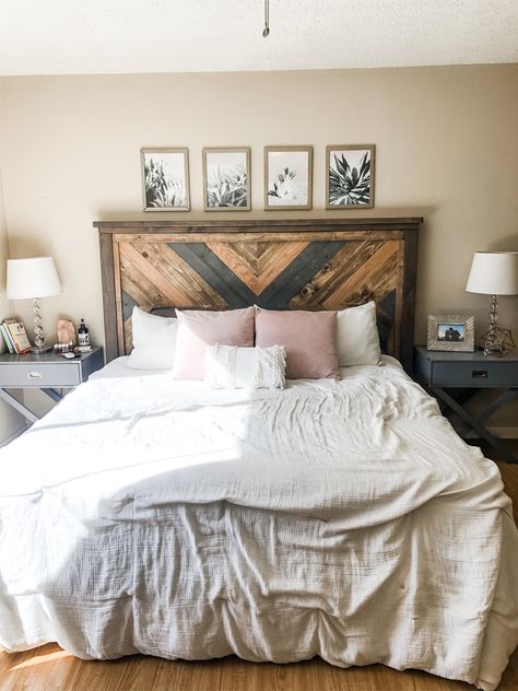 Diy Bed Frame Farmhouse, Bedframes With Headboard, Diy Wood Bed Headboard, Aztec Headboard, Custom Wood Headboard, Diy Headboard And Frame, Bed Backboard, Aztec Wood Headboard, Farmhouse Bedframe Ideas