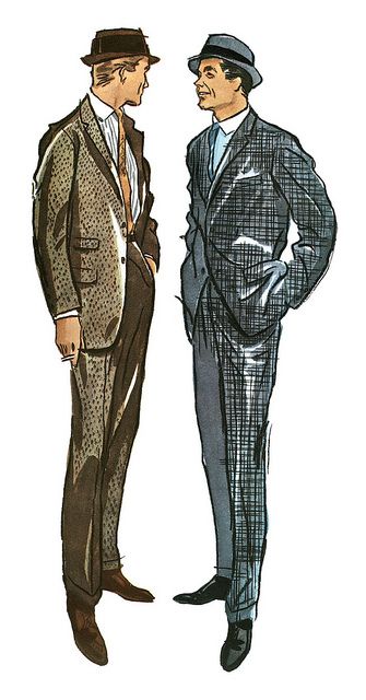 1956 Men's Fashions ~ illustration by Bob Yemne color print ad suit jacket pants tie hat shoes male men mid 50s day wear office brown blue vintage style Mens Suit Illustration, 1950s Male Fashion, 50s Male Fashion, Suits Illustration, 50s Fashion Men, Fashion Illustration Men, 1950s Fashion Men, British Illustration, 1950s Fashion Illustration