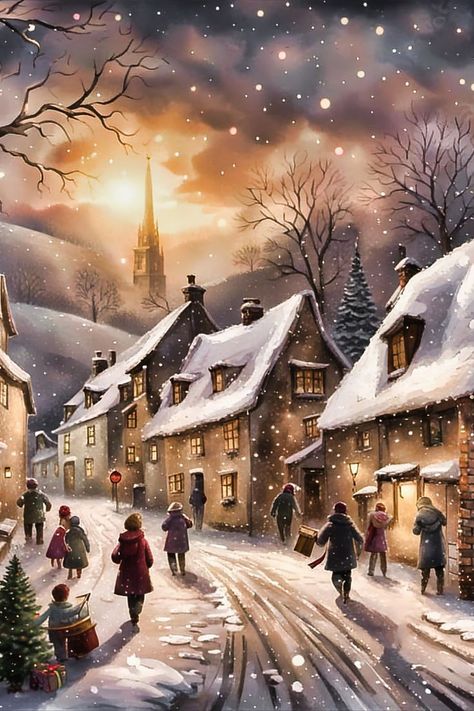 Christmas Village Scene, Beautiful Christmas Scenes, Winter Christmas Scenes, Christmas Scenery, Christmas Artwork, Illustration Noel, Village Scene, Cosy Christmas, Quaint Village