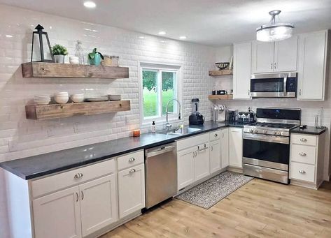 L shaped kitchen with large wood open shelves L Shaped Kitchen Open Shelving, L Shaped Kitchen Open To Living Room, L Shaped Kitchen With Open Shelving, L Shaped Kitchen No Island, Long L Shaped Kitchen, Narrow L Shaped Kitchen, Small Kitchen L Shape, Wood Open Shelves, Narrow Kitchens