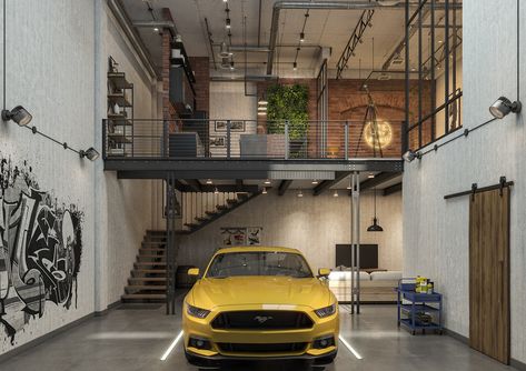 Warehouse Residence on Behance Industrial Warehouse Home, Loft Garage, Industrial Garage, Mobil Design, Casa Garage, Industrial Loft Design, Warehouse Loft, Warehouse Living, Garage Design Interior