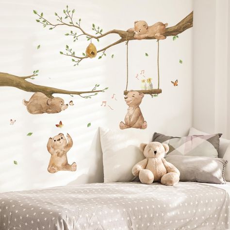 PRICES MAY VARY. The elements contain 4 brown bears playing in the forest, butterflies, birds, branches, fallen leaves and honey. Easy and cute wall decoration for your children. Material: Vinyl. Non-toxic, environmental protection, waterproof. Easy to apply, remove and reuse without leaving damage or residue. Very easy to assemble and great focal point in your kids room, baby nursery, playroom, classroom, baby girls and boys room. It can be stuck to walls, furniture, tiles, mirrors and windows, Bear Nursery Theme, Baby Nursery Murals, Nursery Wall Painting, Teddy Bear Nursery, Tree Branch Wall, Nursery Stickers, Nursery Mural, Nursery Room Design, Baby Room Inspiration