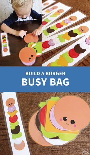 Keep your little one occupied this winter by making this Build a Burger Busy Bag! Check out the free printable to make this adorable project for your kids. Build A Burger, Quiet Time Activities, Busy Boxes, Teachable Moments, Busy Bags, Busy Toddler, Toddler Learning Activities, Preschool Learning Activities, Homeschool Preschool