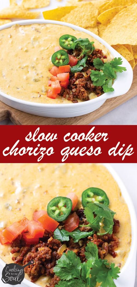 Easy Chorizo Queso Dip, made in the slow cooker. It is made with cream cheese, shredded Monterey Jack cheese, Mexican chorizo, and chiles. Perfect for game day or for an appetizer! #cookingformysoul Best Chorizo Queso Dip, Cheesy Chorizo Dip, Loaded Queso Dip Recipe Crockpot, Slow Cooker Chorizo Queso, Queso With Chorizo Crockpot, Cheese And Chorizo Dip, Chorizo Queso Recipes, Chorizo Recipes Crockpot, Chirozo Queso Dip