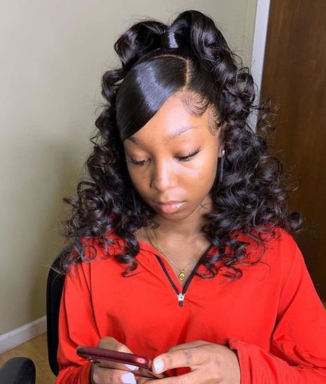 Your Hair Your Crown!💖👸🏽 on Instagram: “Cute  curly ponytail with swoop bangs 😻would you want to style same way?🤗 . . Follow @sowigs for more fantastic hairstyle pics . . 😘Welcome…” Ponytail Hairstyles For Black Women Half Up Half Down, Hair Style For Black Women Natural Half Up Half Down, Baby Shower Hairstyles For Black Women, Curly Half Up Half Down Ponytail, Half Up Half Down Hair Black Women With Braids, Cute Black Hairstyles With Weave, Half Up Half Down Wavy Hair Black Women, Black Woman Half Up Half Down Hair, Half Up Half Down Prom Hair Black Women