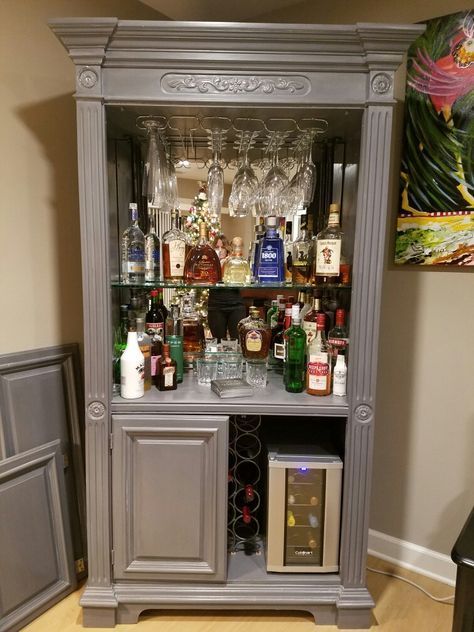 old TV entertainment center turned into a fun bar. Tv Entertainment Center, Armoire Bar, Tv Entertainment Centers, Entertainment Center Shelf, Bar Sala, Entertainment Center Repurpose, Home Coffee Bar, Entertainment Center Decor, Diy Entertainment Center