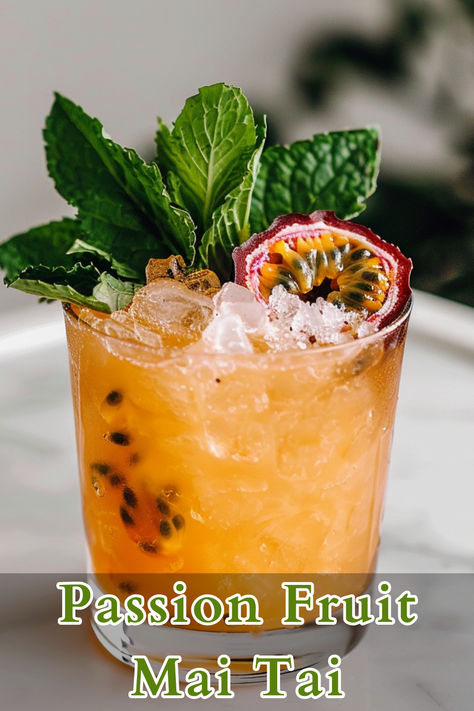 The Passion Fruit Mai Tai is a tropical twist on the classic Mai Tai, blending the exotic flavor of passion fruit with the refreshing notes of mint, lime, and rum. This vibrant cocktail is a perfect blend of sweet and tangy, with layers of complexity that transport you to a sunny beach with every sip. Rum Passion Fruit Cocktail, Passion Fruit Drink Recipes, Passion Fruit Rum Cocktails, Passion Fruit Cocktail Recipes, Passionfruit Cocktail, Passion Fruit Cocktail, Summer Rum Cocktails, Dark Rum Cocktails, Rum Cocktails Easy