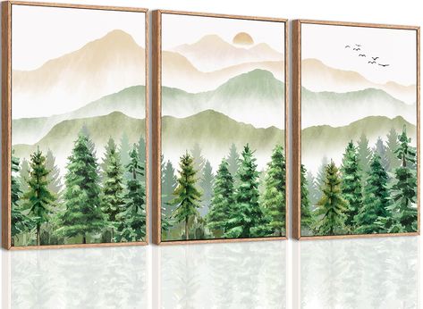 Green Bedroom Artwork, 3 Piece Wall Art Paintings On Canvas, Three Canvas Painting, Landscape Wall Painting, Woodland Wall Decor, Nature Canvas Painting, Wall Painting For Living Room, Forest Wall Decor, Calm Atmosphere