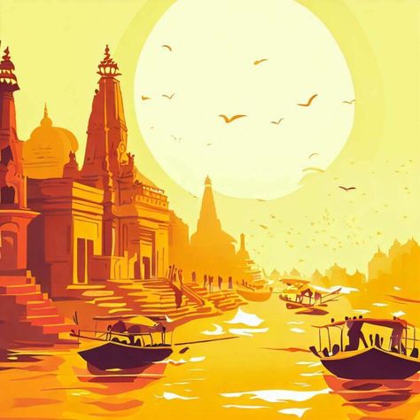 Embracing Eternity: A Spiritual Journey through Varanasi – Nerdiest India Haridwar Illustration, Vrindavan Illustration, Varanasi Illustration, Varanasi Painting, Spiritual Art Painting, India Illustration, Gods Images, Tropical Leaf Decor, Engagement Invites