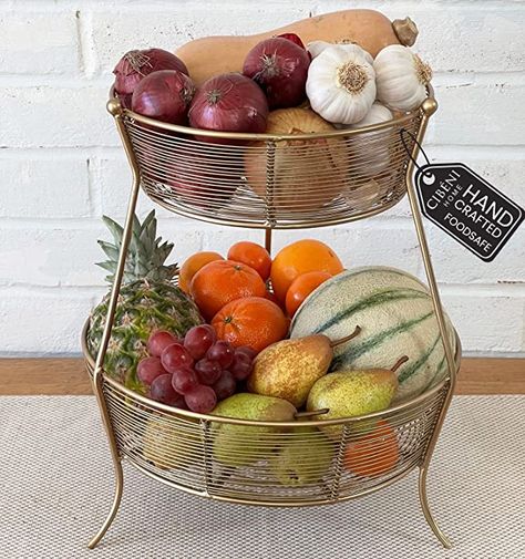 Fruit Stand Kitchen Counter, Fruit Bowl Kitchen Display, Countertop Fruit Storage, 2 Tier Fruit Basket, Tiered Basket Stand, Kitchen Countertop Storage, Fruit Bowl Display, Gold Fruit, Large Decorative Bowl