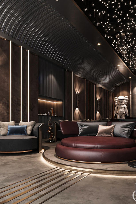 Add sophisticated accents to your living room with LUXXU's luxurious pieces. Home Theater Ideas Luxury, Cinema Room Design, Beautiful Room Decor, Sophisticated Living Room, Home Theater Room Design, Theater Room Design, Luxxu Modern Design Living, Theatre Interior, House Interior Design Styles