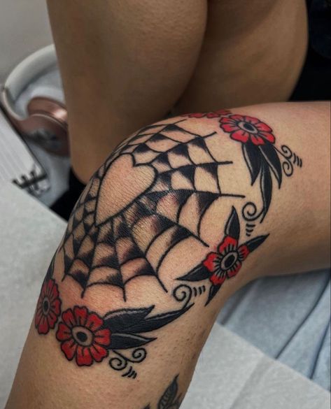 Womens Knee Cap Tattoo, Traditional Knee Frame Tattoo, Traditional Filigree Tattoo, Red And Black American Traditional, Bright Traditional Tattoo, American Traditional Neck Tattoos Women, Traditional Chest Tattoos For Women, Pretty American Traditional Tattoo, American Trad Knee Tattoo