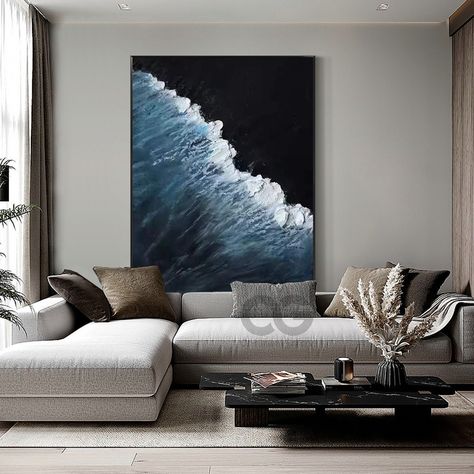 Black White And Blue Interior Design, Living Room Large Pictures, Black And White Beach House Living Room, Love In A Painting, Black And White Ocean Art, Black Sand Beach Painting, Black Beach Painting, Black And White Beach Painting, Black And White Beach Decor