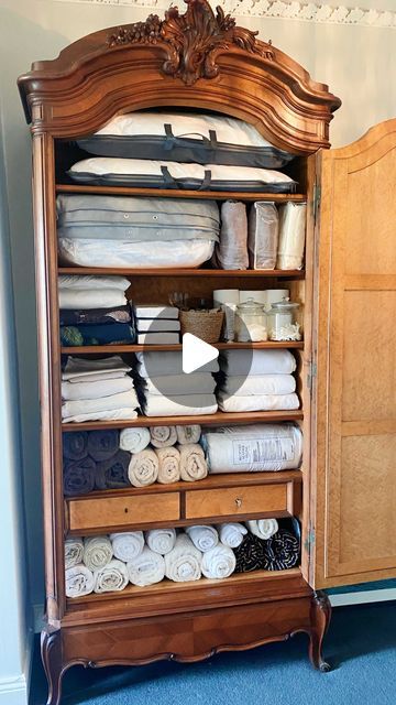 JEN CONNELL | Interiors & Lifestyle on Instagram: "How I organised my linen cabinet! We don’t have a traditional hot press so we picked up this antique French armoire to store all our bed linen, towels and toiletry backstock. Now I just need to find some labels for each shelf. What do you think? ❤️

#linencloset #linen #organisation #mariekondo #antique #armoire #irish #georgianhouse #georgianarchitecture #georgian #historic #historichomes #interior #interiordesign #interiør #interiör #interiorstyling #interiordecor #decor #décor #apartmenttherapy #vogue #vogueliving #elledecor #houseandhome #homedecor #homesweethome #home #homedecoration #house" Linen Press Cupboard, French Wardrobe Furniture, Linen Organisation, Linen Armoire, Antique French Bedroom, Antique Linen Press, Armoire Repurpose, Bedroom Wardrobe Ideas, Armoire Makeover