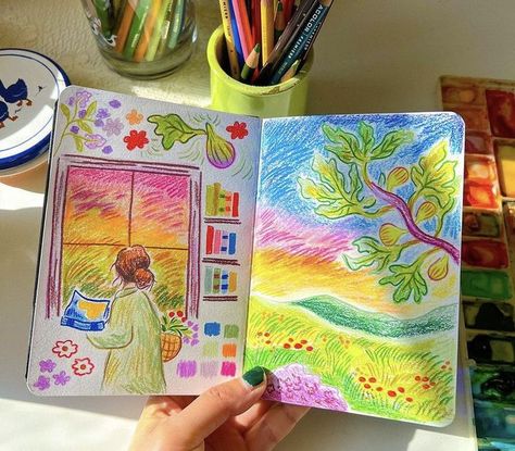 Trash Art Journal, Colored Pencil Sketchbook Ideas, Color Pencil Art Simple, Colored Pencil Doodles Aesthetic, Crayola Crayon Art, Simple Color Pencil Drawing, Simple Color Pencil Drawing Ideas, Simple Crayon Drawings, Crayon Art Easy