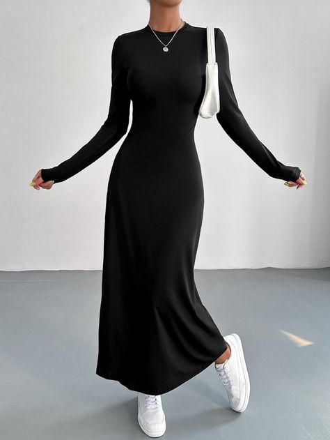 Black Elegant Collar Long Sleeve Fabric Plain A Line Embellished Medium Stretch  Women Dresses Black Turtleneck Long Dress, Long Black Dresses For Women, Long Black Dress Long Sleeve Casual, Long Dress With Long Sleeves Casual, Simple Long Black Dress With Sleeves, Black Long Dress Modest, Simple Black Dress Long Sleeve, Long Black Dress With Long Sleeves, Long Black Dress Modest