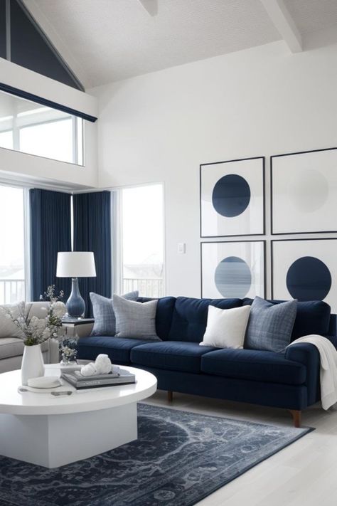 Blue Grey Color Palette Living Rooms, Black And White With Blue Accents, Navy Blue And Grey Living Room, Blue White Living Room, Grey White Living Room, Living Room Ideas Blue, Couch Coffee Table, Blue Couch Living, Blue Sofas Living Room