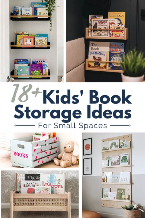 Smart ideas for storing children's books in small bedrooms, nurseries, and playrooms. Get inspired to organize your kid's books! Books In Small Spaces, Small Space Book Storage, Bedroom Book Storage, Storing Kids Books, Small Bookshelf Ideas, Book Storage Small Space, Small Kids Playroom Ideas, Small Kids Playroom, Nursery Book Storage