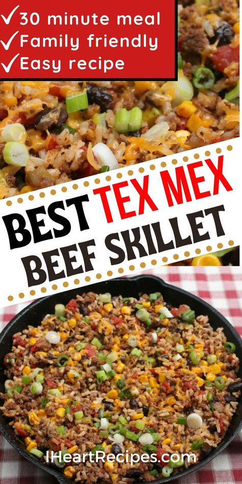 This tex-mex ground beef skillet is a perfect easy weeknight dinner. Use your favorite veggies, like black beans, Rotel tomatoes, corn, and rice for a hearty and flavorful dinner. Tex Mex Beef And Rice Casserole, Black Beans Rice And Hamburger, Ground Beef Black Beans Rice, Southwest Ground Beef Skillet, Ground Beef And Jalapeno Recipes, Rotel And Ground Beef Recipes, Hamburger Meat Corn Black Beans, Black Bean And Ground Beef Recipes, Rotel Rice Casserole Ground Beef